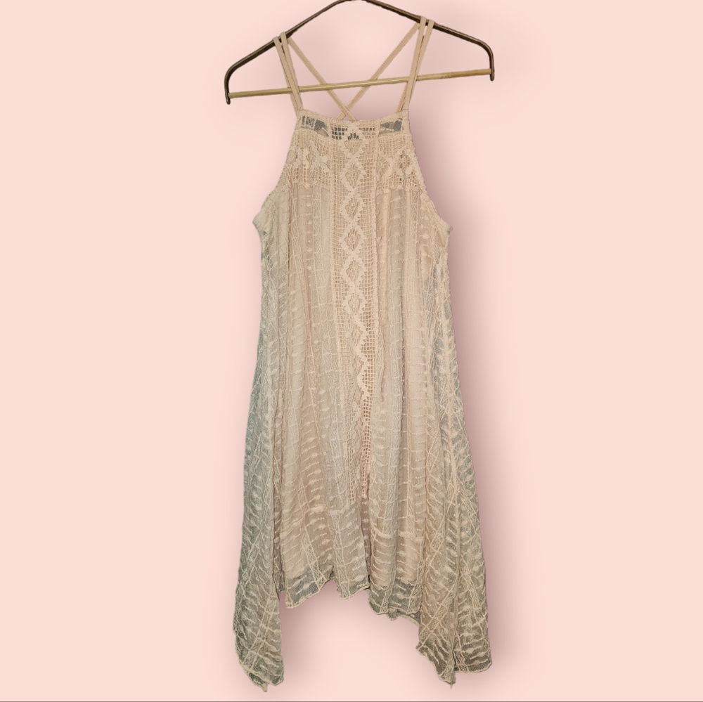 Altar'd State Asymmetrical Crochet Dress Handkerchief Lace Pale Pink Boho Hippie